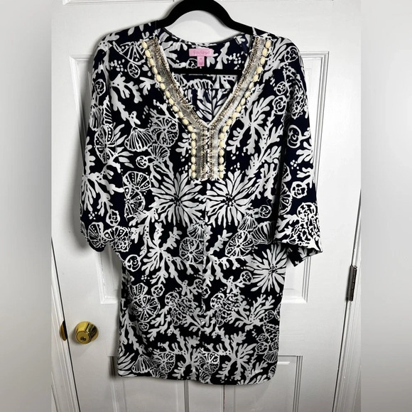 Lilly Pulitzer “Wilda” Silk Caftan Dress XS | Beaded Neckline | Coastal Glam - Picture 3 of 5